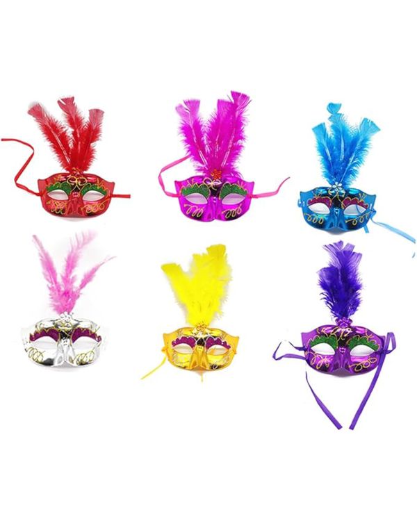 Renkli Tüylü Venedik Parti Maskesi Karışık Renk 12 Adet