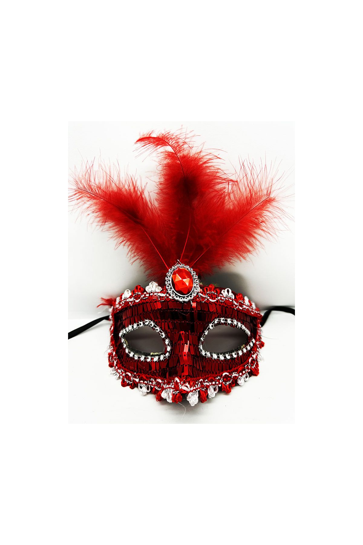 Kırmızı Renk Payetli Pullu Tüylü Parti Maskesi 17x20 cm