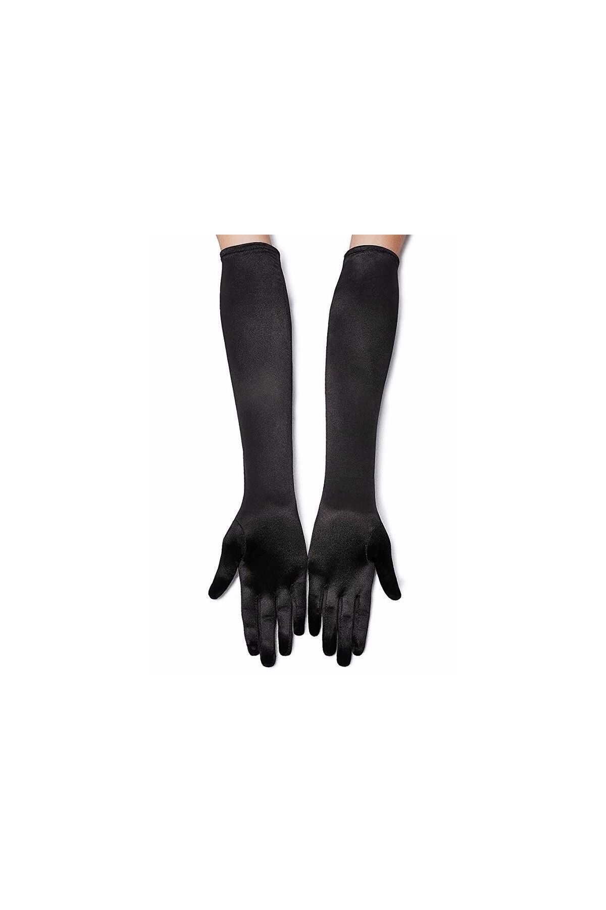 Siyah Renk Likralı Dirseğe Kadar Uzun Kumaş Eldiven 40 cm