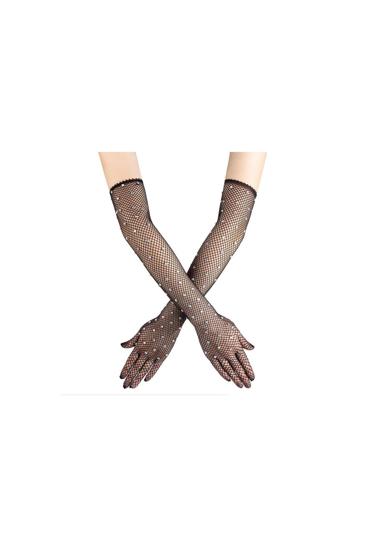 Siyah Renk İncili Elmas İşlemeli File Örgü Uzun Eldiven 45 cm