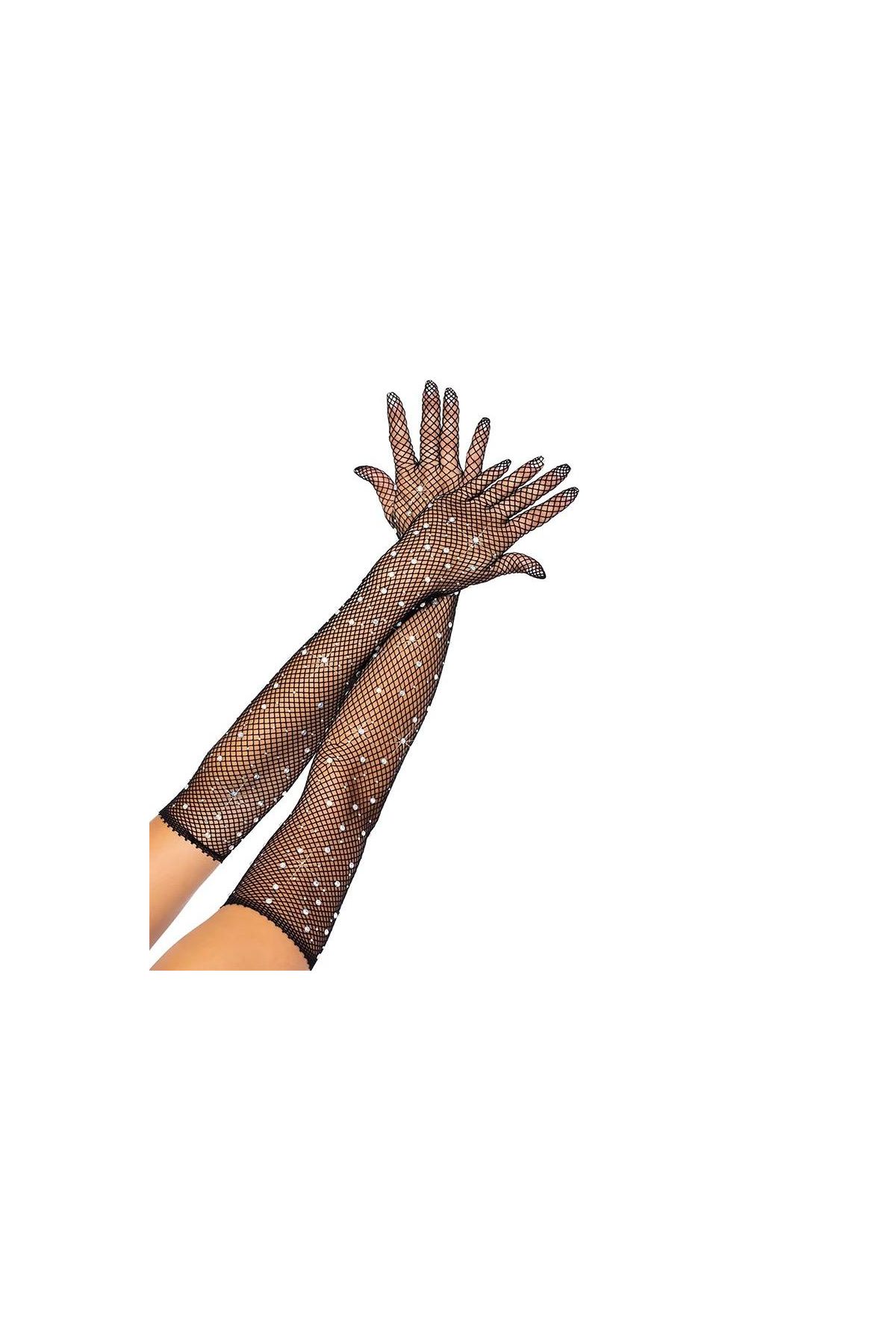 Siyah Renk İncili Elmas İşlemeli File Örgü Uzun Eldiven 45 cm