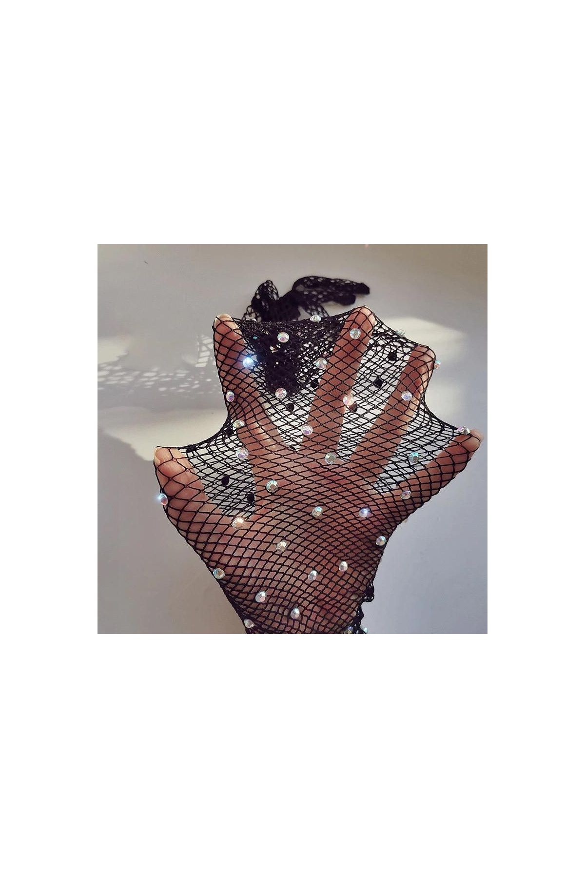 Siyah Renk İncili Elmas İşlemeli File Örgü Uzun Eldiven 45 cm