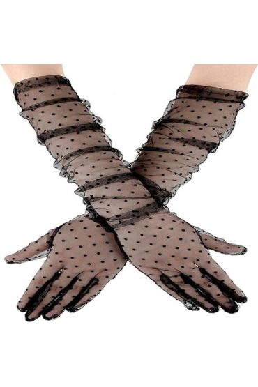 Uzun Boy Siyah Puantiyeli Siyah Renk Yetişkin Tül Eldiven 55 cm