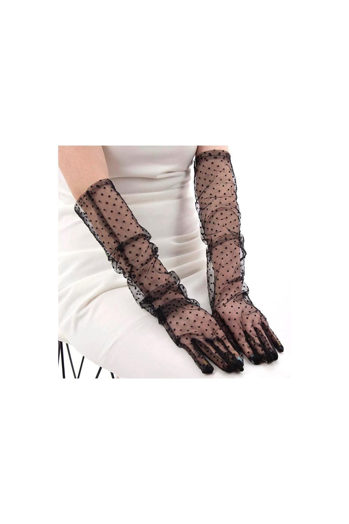 Uzun Boy Siyah Puantiyeli Siyah Renk Yetişkin Tül Eldiven 55 cm