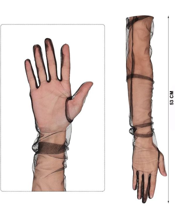 Uzun Boy Likralı Siyah Renk Yetişkin Mega Tül Eldiven 53 cm