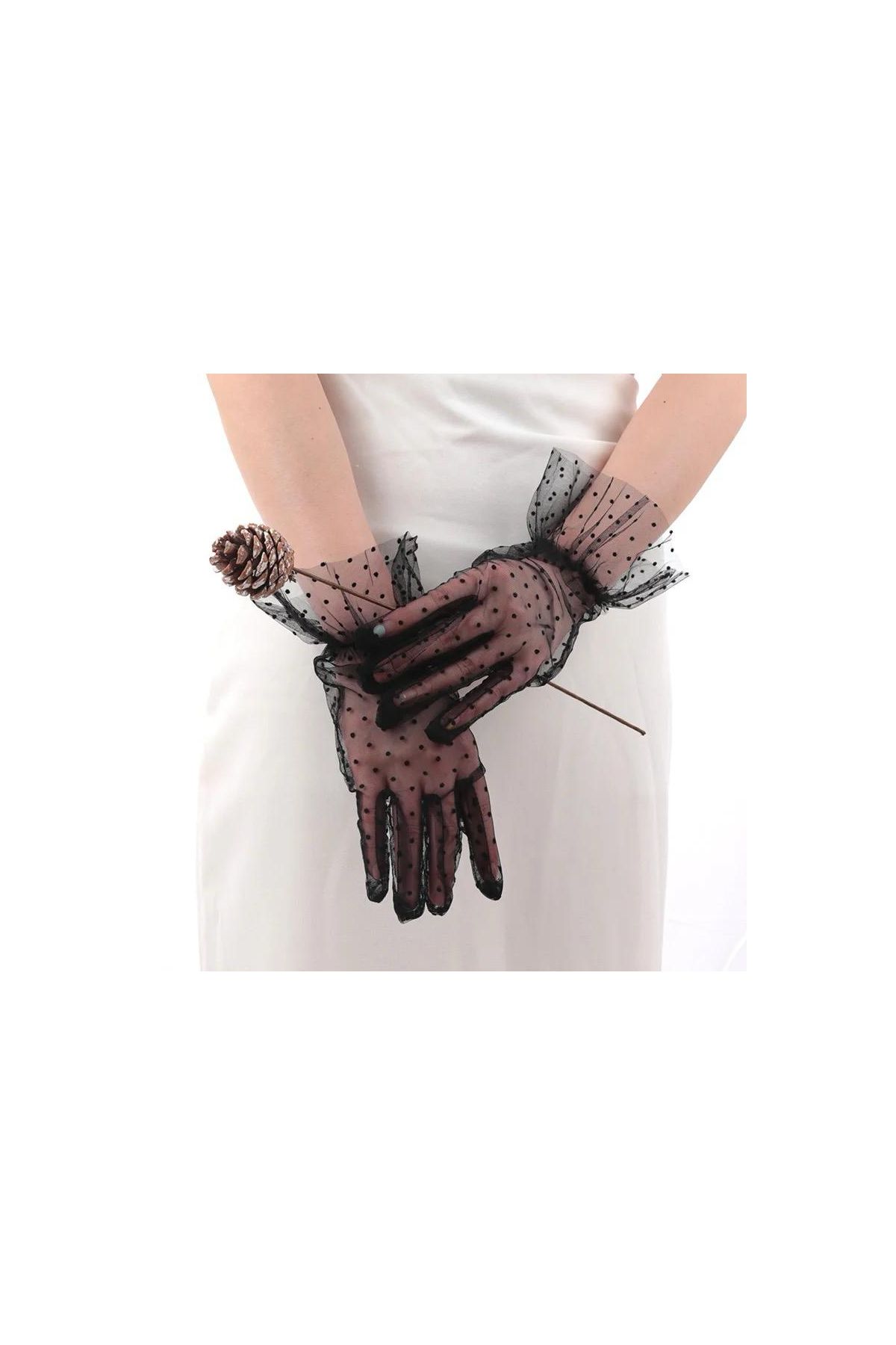 Kısa Boy Güpürlü Siyah Puantiyeli Tül Eldiven Siyah Renk