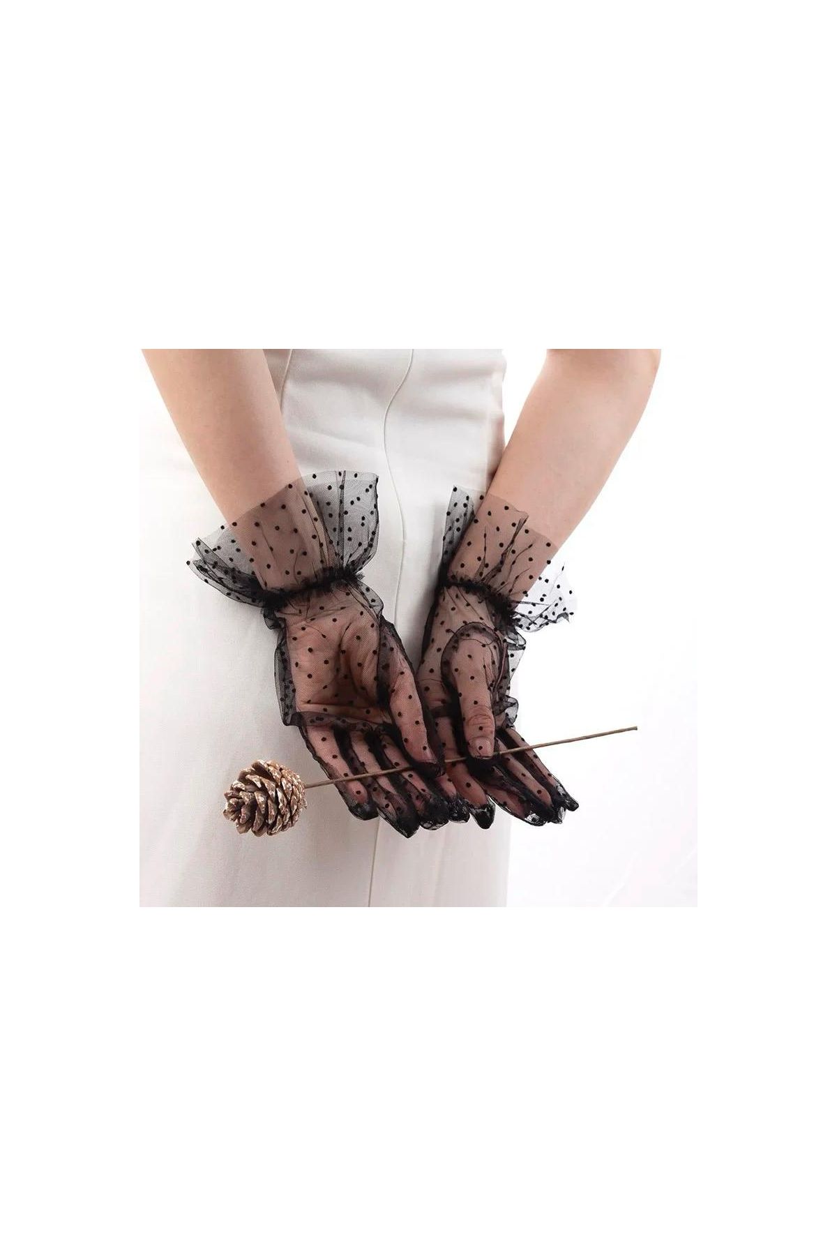 Kısa Boy Güpürlü Siyah Puantiyeli Tül Eldiven Siyah Renk