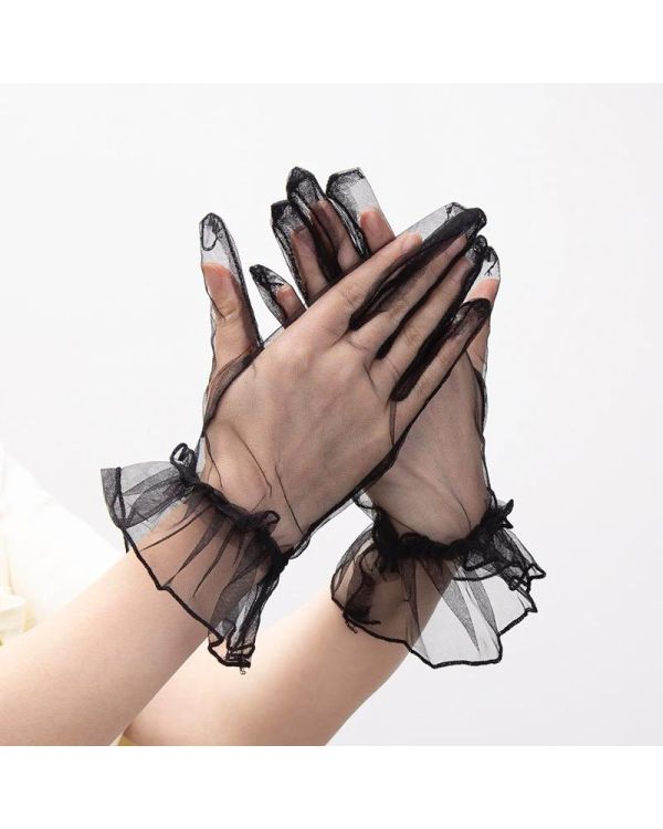 Kısa Boy Likralı Güpürlü Yetişkin Tül Eldiven Siyah Renk