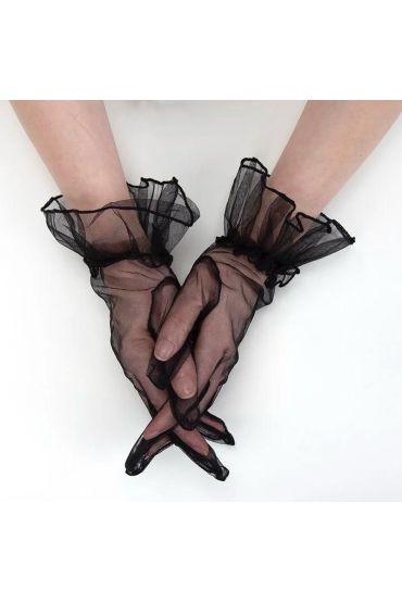 Kısa Boy Likralı Güpürlü Yetişkin Tül Eldiven Siyah Renk