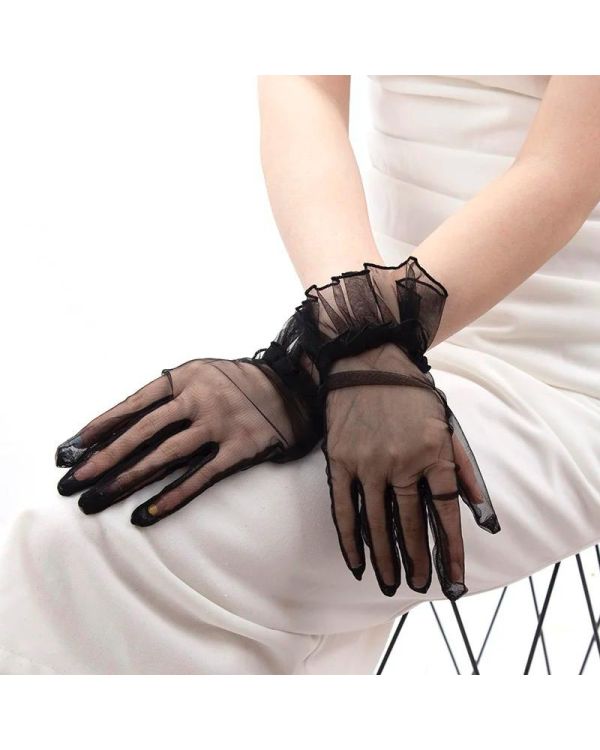 Kısa Boy Likralı Güpürlü Yetişkin Tül Eldiven Siyah Renk