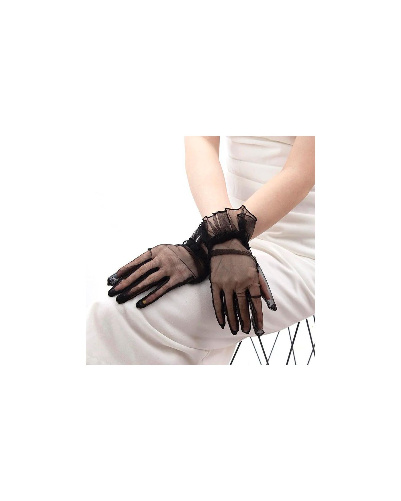 Kısa Boy Likralı Güpürlü Yetişkin Tül Eldiven Siyah Renk