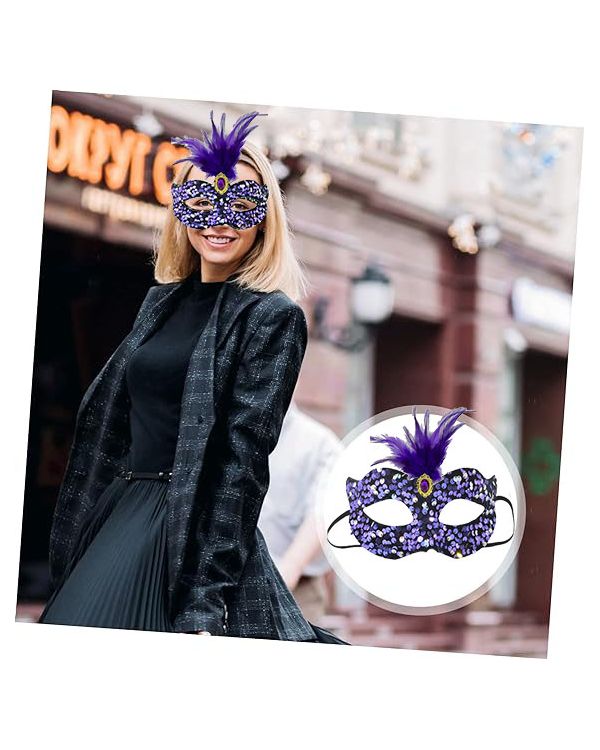 Siyah Kadife Üzeri Rengarenk Payetli Pullu Mor Tüylü Mor Taşlı Parti Maskesi 19x21 cm