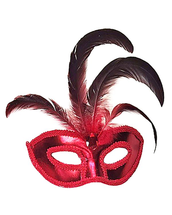 Kırmızı Renk Rugan Kaplama Kırmızı Tüylü Parti Maskesi 18x20 cm