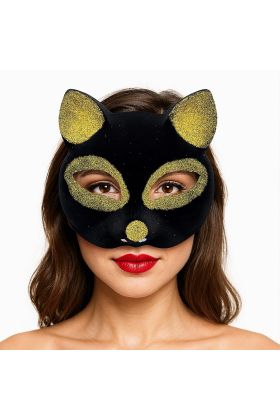 Siyah Renk Gold Simli Süet Kaplama Kedi Maskesi 18x14 cm