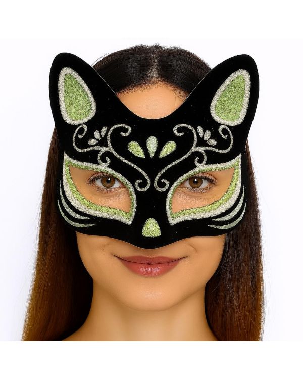 Siyah Renk Süet Kaplama Üzeri Gümüş Yeşil Simli Kedi Maskesi 17x14 cm