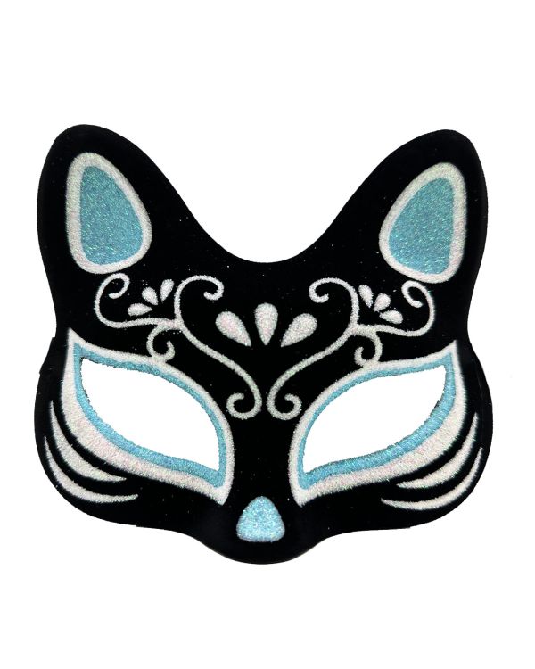 Siyah Renk Süet Kaplama Üzeri Gümüş Mavi Simli Kedi Maskesi 17x14 cm