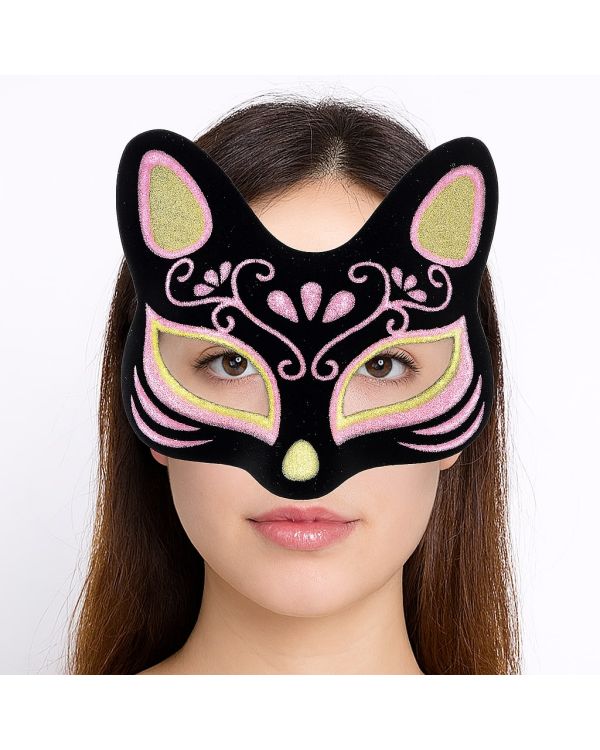 Siyah Renk Süet Kaplama Üzeri Sarı Pembe Simli Kedi Maskesi 17x14 cm