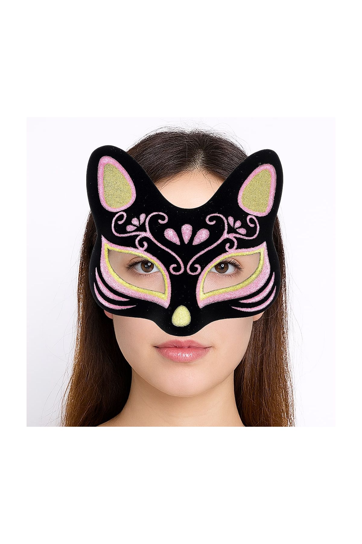 Siyah Renk Süet Kaplama Üzeri Sarı Pembe Simli Kedi Maskesi 17x14 cm