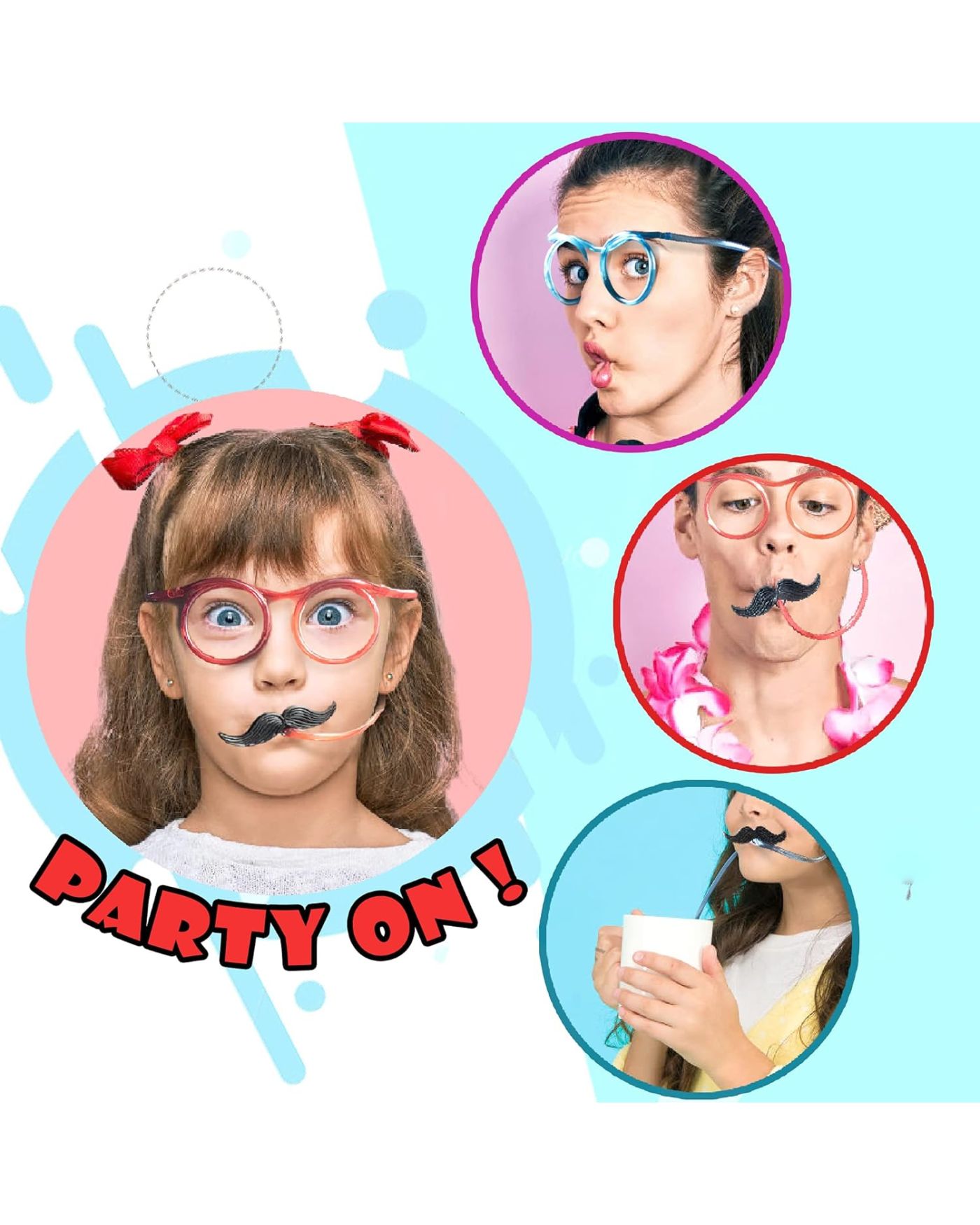 Pipetli Parti Gözlüğü - Çocuk ve Yetişkin Bıyıklı Pipet Gözlük Pembe Renk 18x14 cm