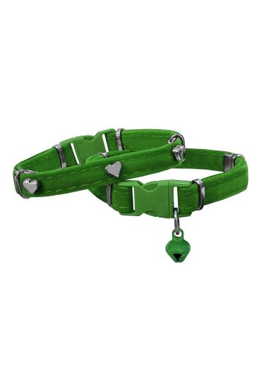 Kadife Kedi Boyun Tasması Kalpli 20-32 cm Yeşil