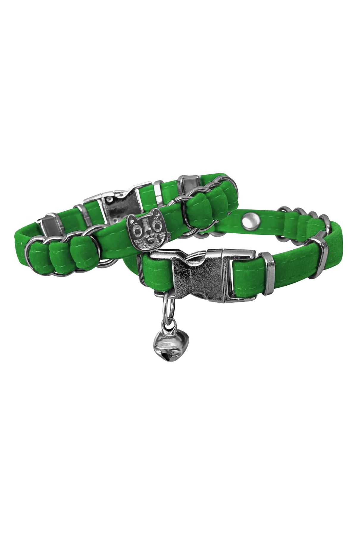 Kadife Kedi Boyun Tasması Kedi Kafalı 20-32 cm Yeşil