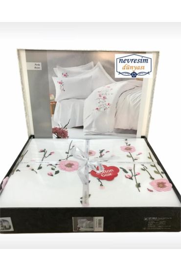 3D Nakışlı Çift Kişilik Saten Nevresim Takımı Perla Beyaz
