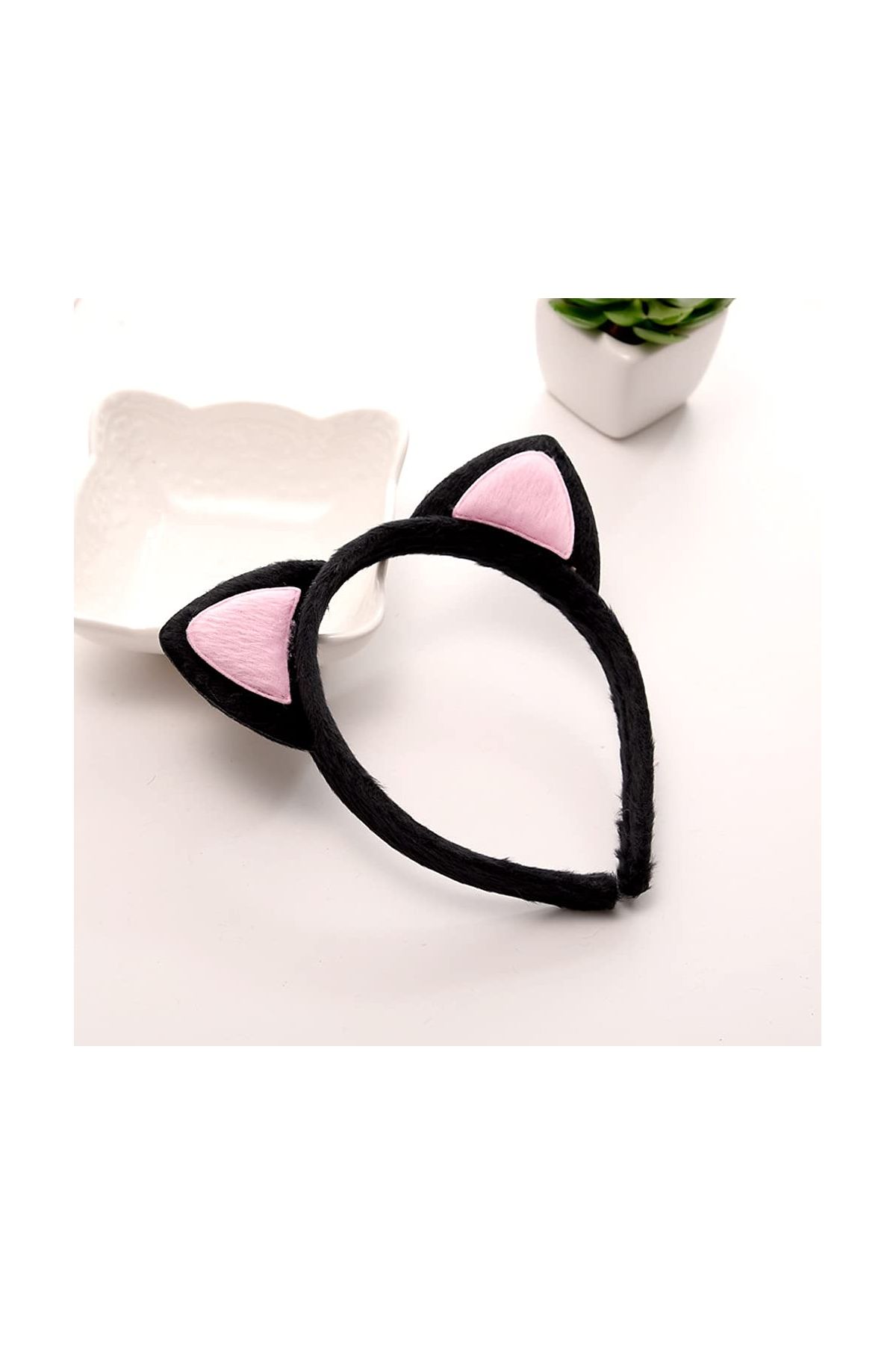 Sevimli Kedi Kulak Pofuduk Kedi Taç Siyah İçi Pembe Renk 17x15 cm