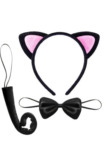 Kedi Kulak Taç Kuyruk ve Papyon 3 lü Set Çocuk Boy Pembe Renk