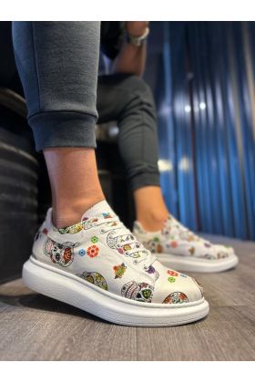 Yüksek Taban Renkli Baskılı Günlük Ayakkabı  Beyaz Kurukafa