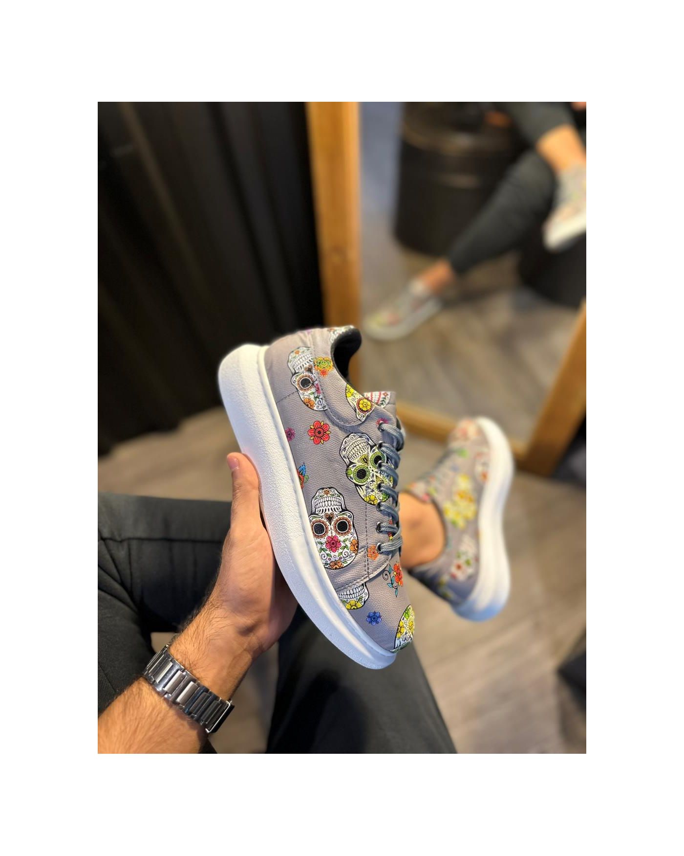 Yüksek Taban Renkli Baskılı Günlük Ayakkabı  Gri