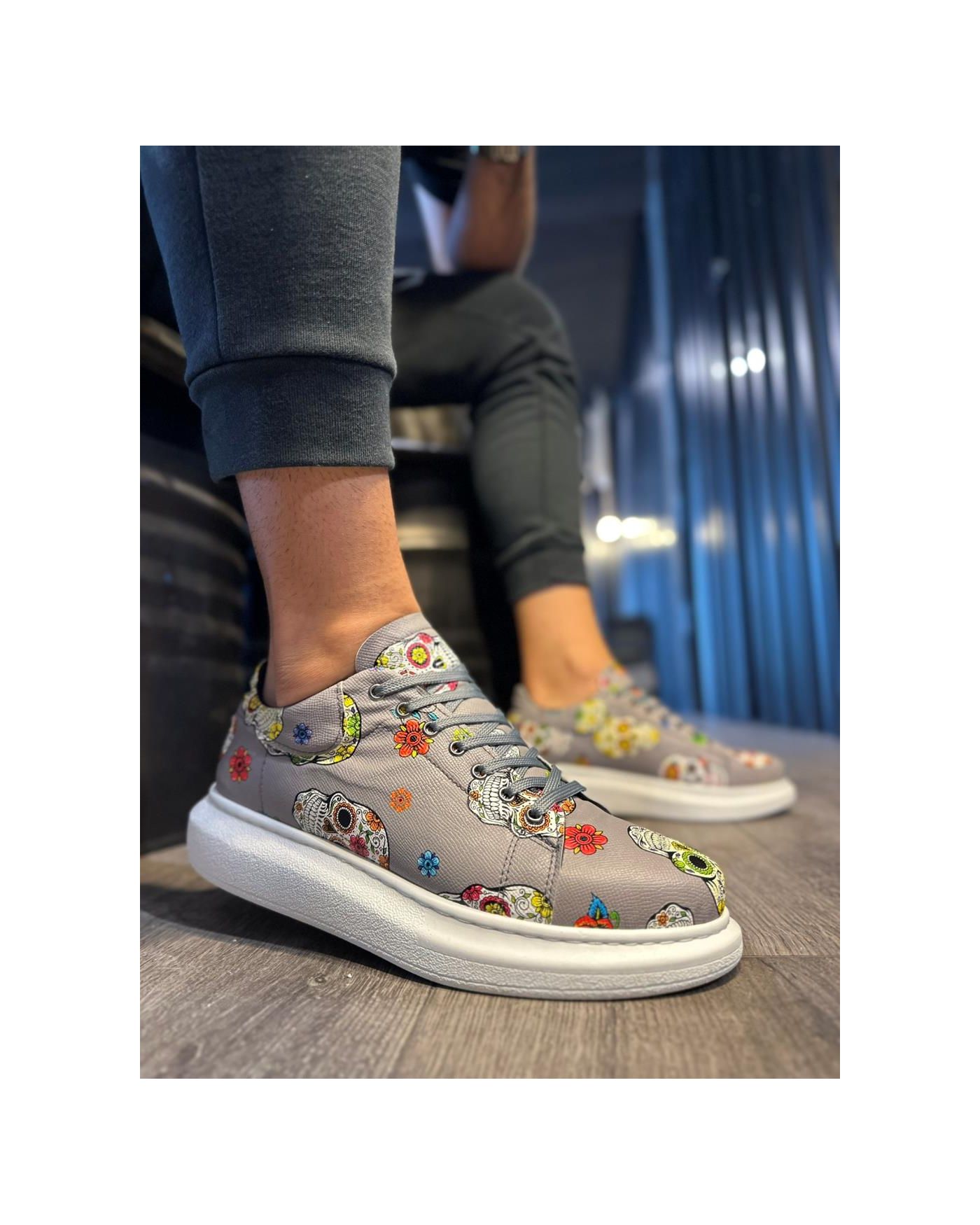 Yüksek Taban Renkli Baskılı Günlük Ayakkabı  Gri