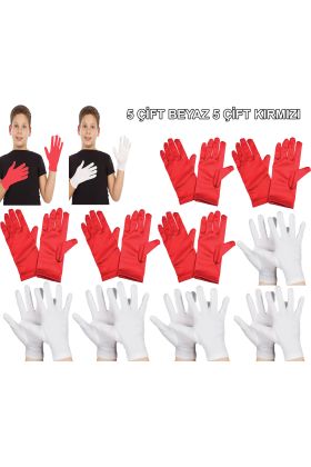 Çocuk Gösteri Eldiven Seti – 5 Çift Beyaz &amp 5 Çift Kırmızı