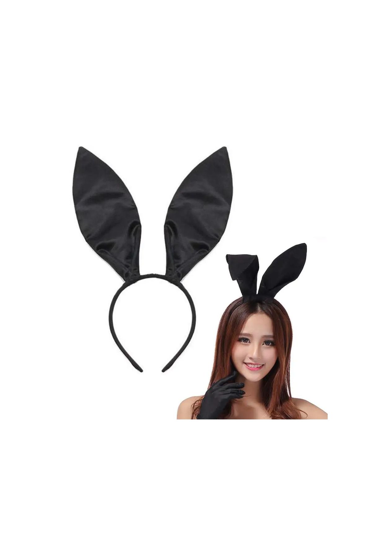 Siyah Renk Saten Kaplama Şekil Verilebilir Tavşan Kulak Taç 35x11 cm