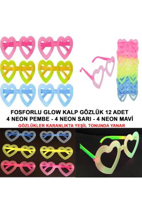 Fosforlu Kalp Model Glow Parti Gözlüğü Karanlıkta Yanan Gözlükler 12 Adet