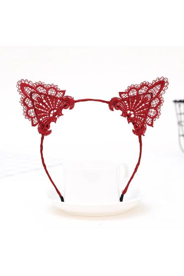 Dantelli Kırmızı Kedi Tacı - Vintage Tarz Dantel Kedi Kulak