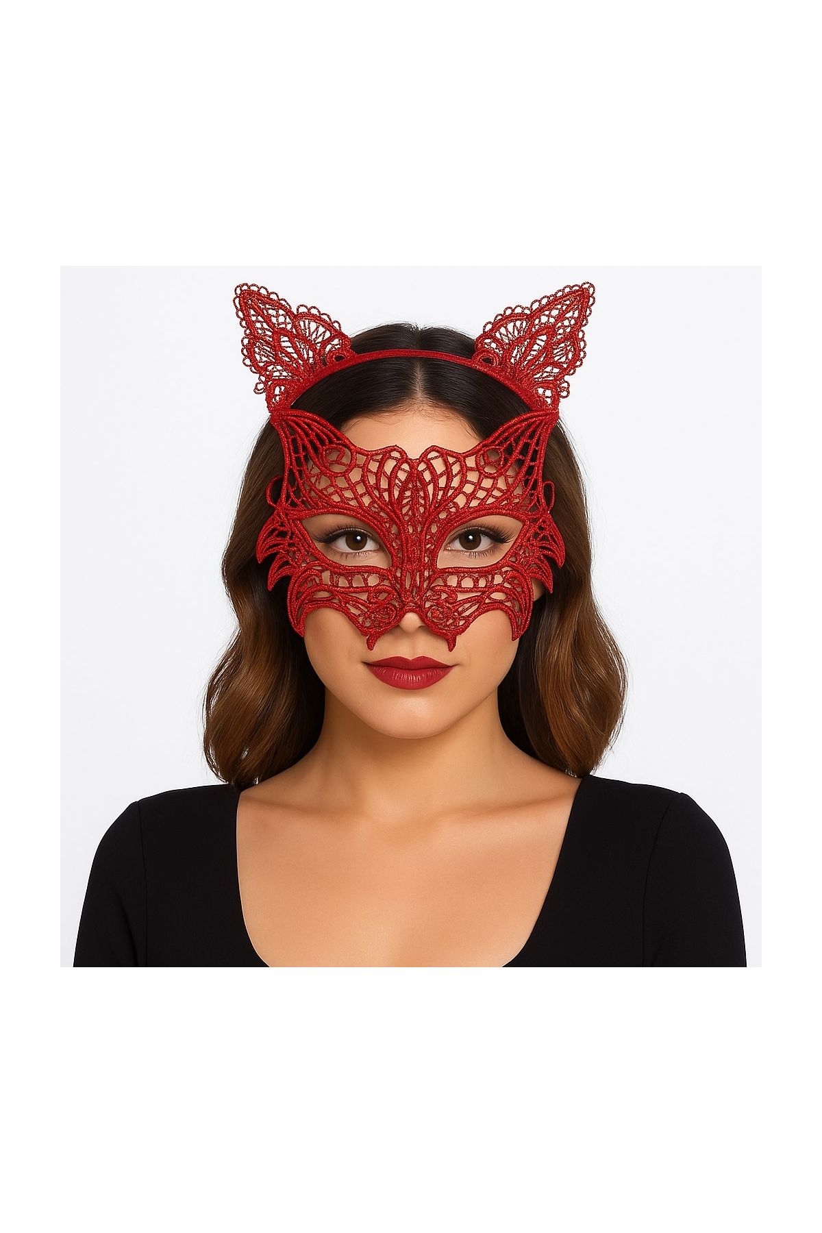 Kırmızı Dantel Kedi Maskesi ve Dantel Taç Seti 8 No – Kadın Kostüm Aksesuarı