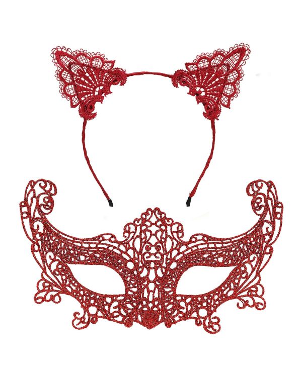 Romantik Kırmızı Dantel Maske Seti – Kedi Kulaklı Taç ve Maske 3 No