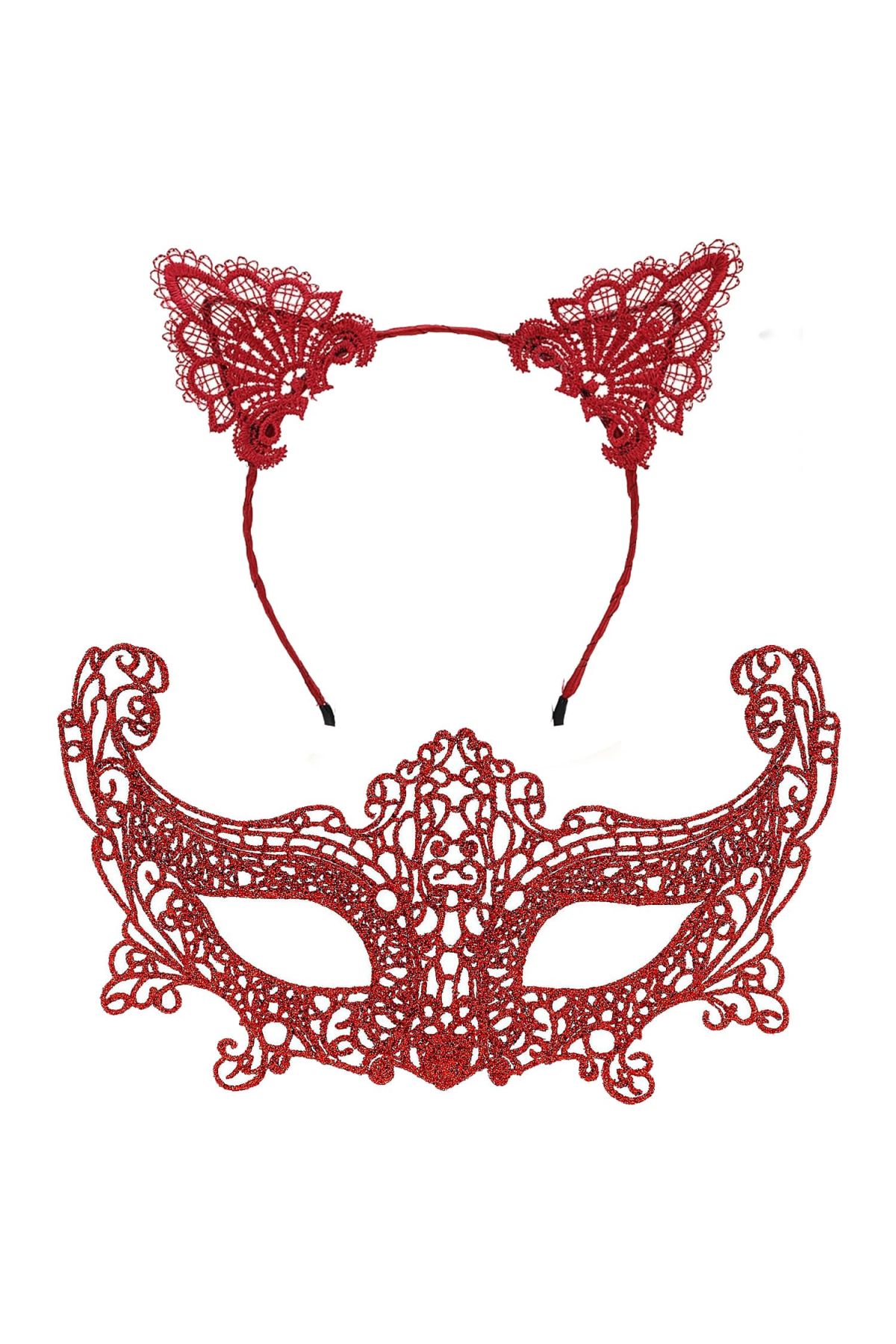 Romantik Kırmızı Dantel Maske Seti – Kedi Kulaklı Taç ve Maske 3 No