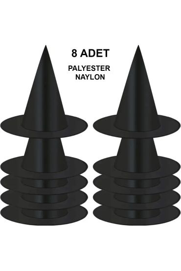 8 Adet Siyah Cadı Şapkası – Yetişkin &amp Çocuk Kostüm Aksesuarı