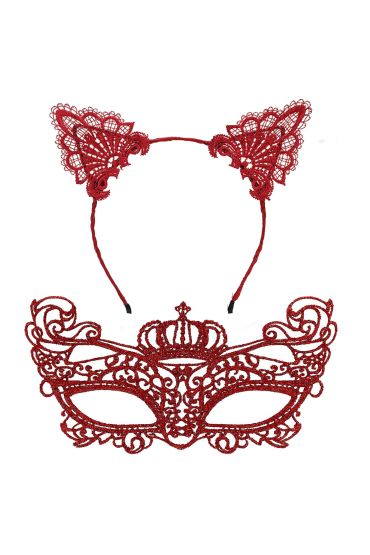 Lüks Kırmızı Dantel Taçlı Maske Seti 2 No - Parti, Balo, Kostüm Aksesuarı