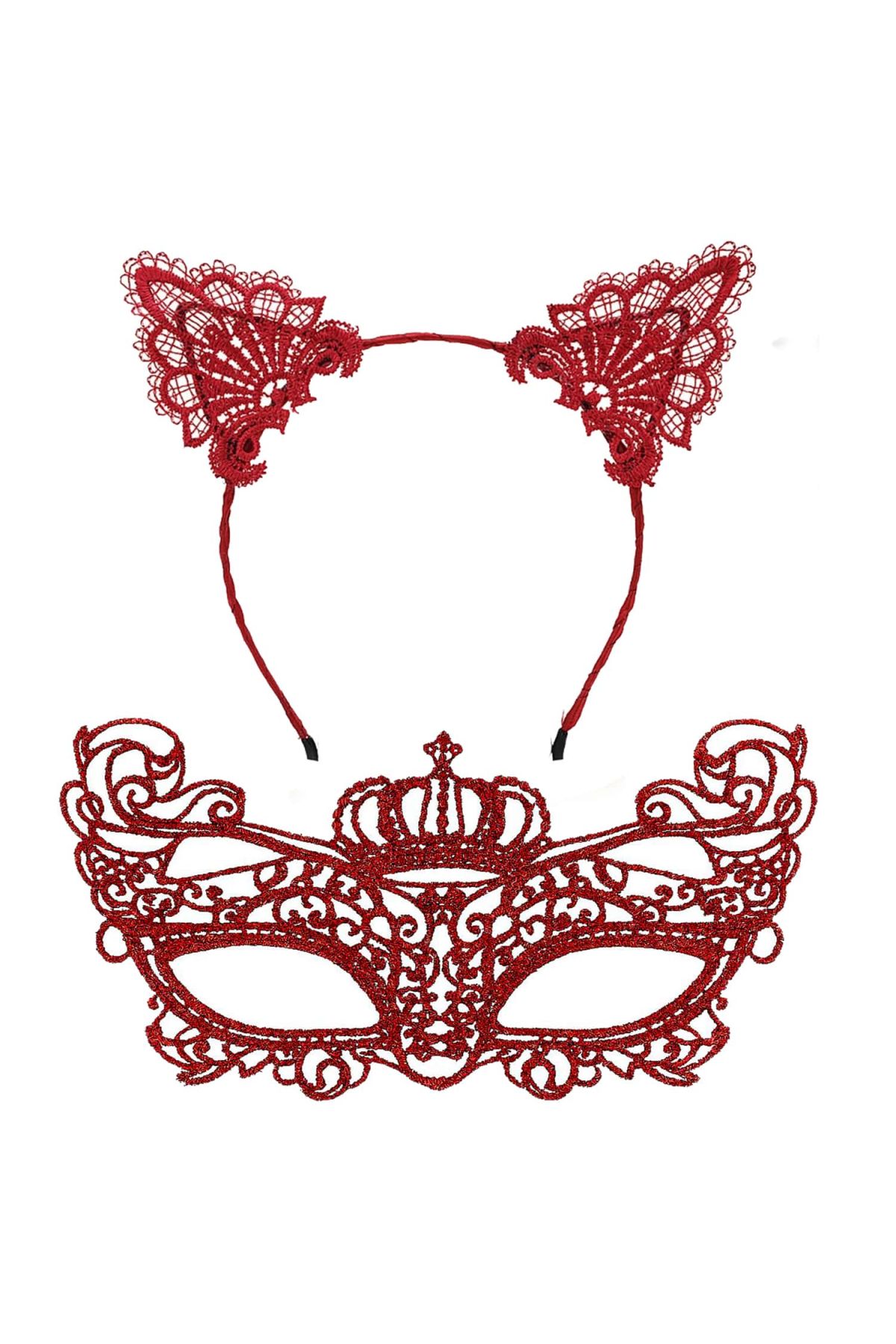 Lüks Kırmızı Dantel Taçlı Maske Seti 2 No - Parti, Balo, Kostüm Aksesuarı
