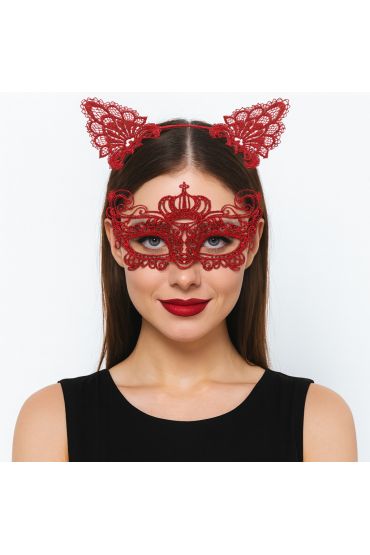 Lüks Kırmızı Dantel Taçlı Maske Seti 2 No - Parti, Balo, Kostüm Aksesuarı