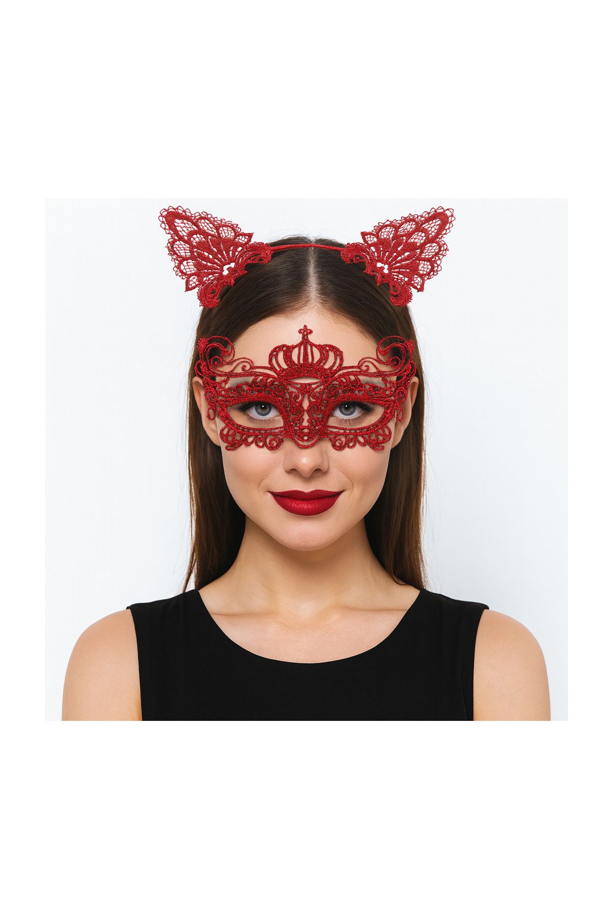 Lüks Kırmızı Dantel Taçlı Maske Seti 2 No - Parti, Balo, Kostüm Aksesuarı