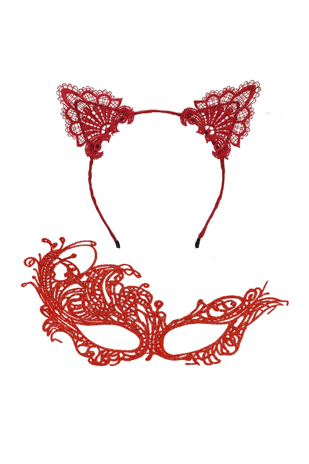 Gizemli Kırmızı Dantel Maske ve Taç Seti 1 No - Kostüm Seti
