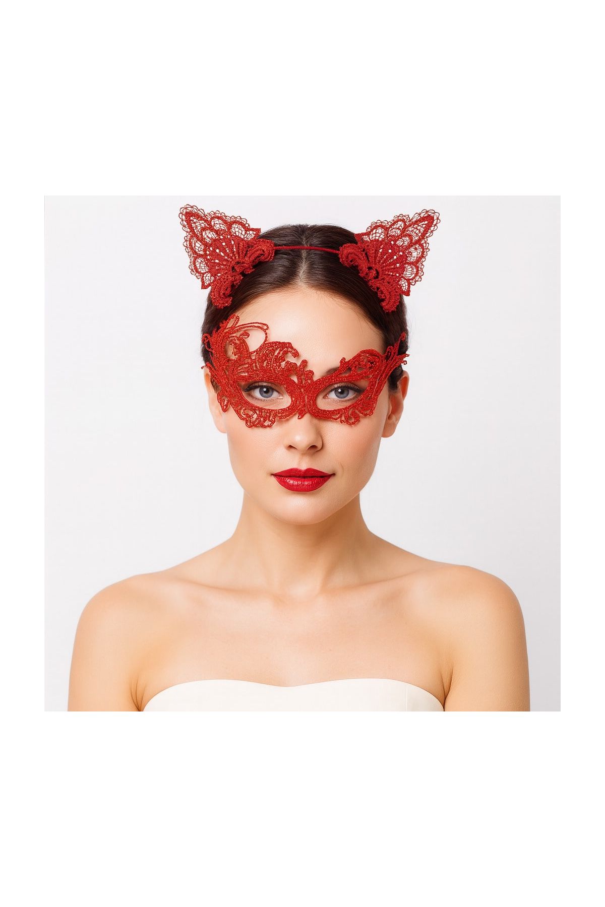 Gizemli Kırmızı Dantel Maske ve Taç Seti 1 No - Kostüm Seti