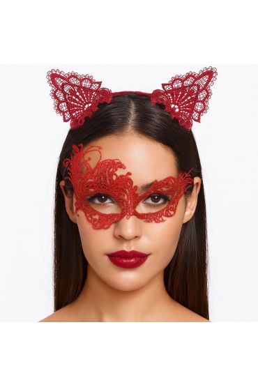 Gizemli Kırmızı Dantel Maske ve Taç Seti 1 No - Kostüm Seti