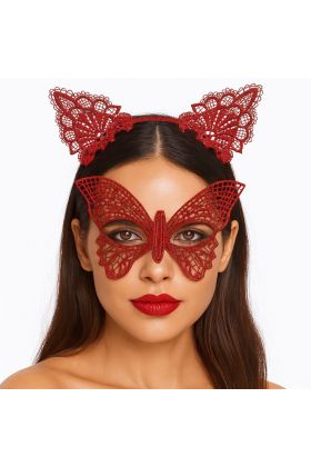 Gösterişli Kırmızı Dantel Maske ve Taç Seti 7 No – Masquerade ve Davetler için