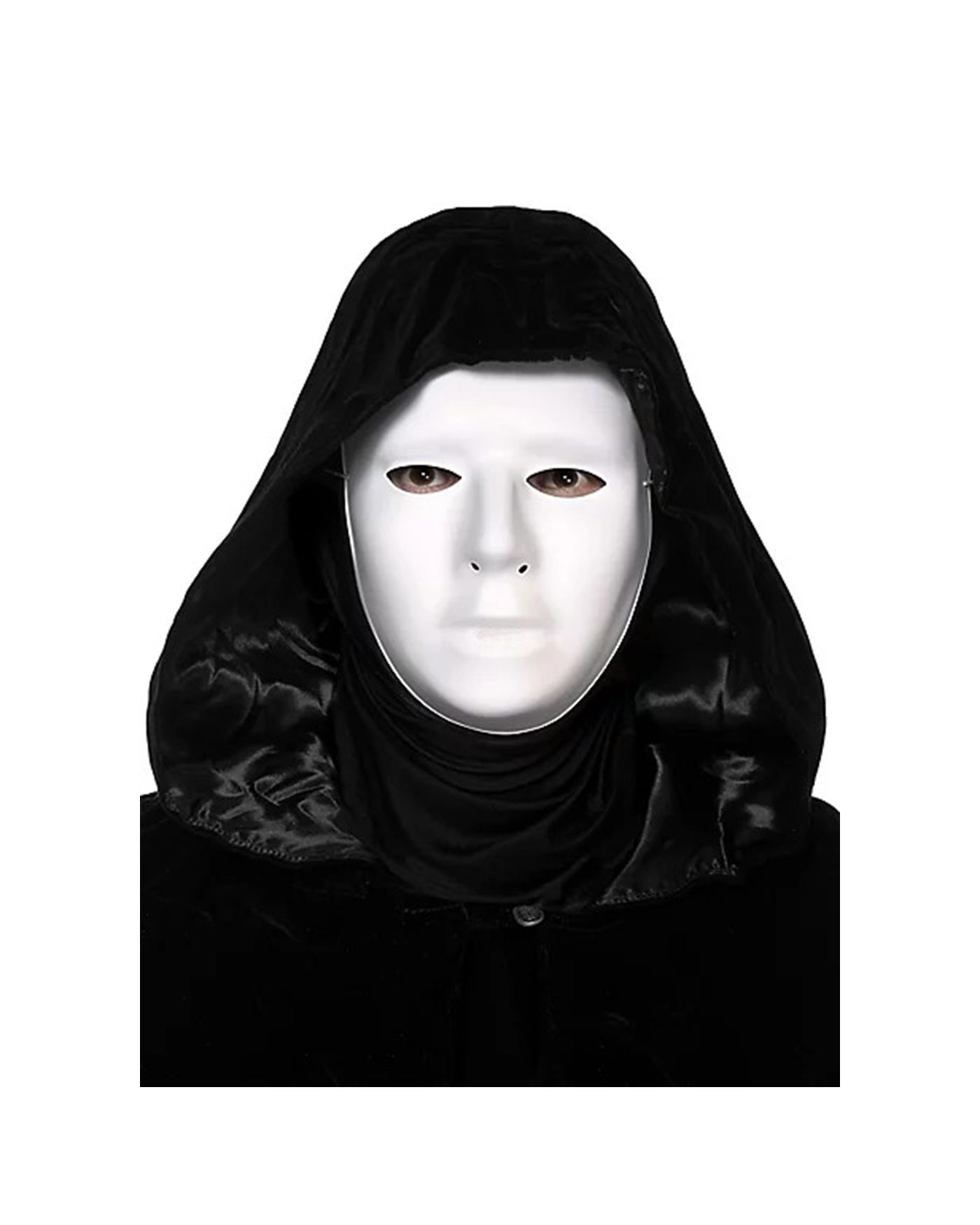 Siyah Kapüşonlu 120 cm Pelerin ve Beyaz Boyanabilir Tam Yüz Maske