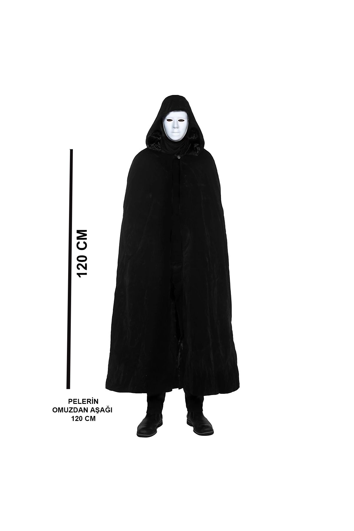 Siyah Kapüşonlu 120 cm Pelerin ve Beyaz Boyanabilir Tam Yüz Maske