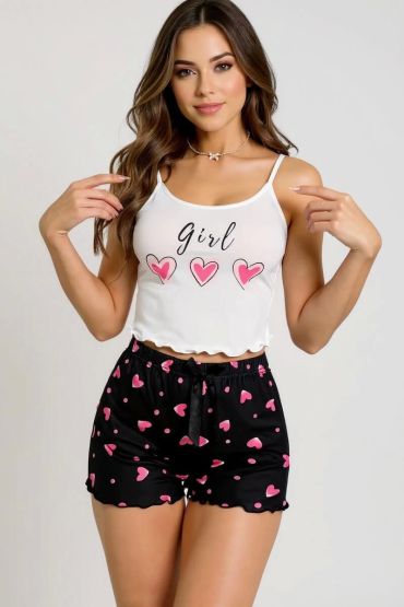 Kalp Desenli Askılı Şortlu Pijama